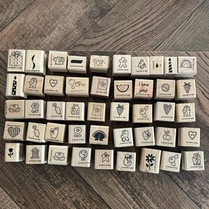 Stampin Up Vintage Mini Wood Block Rubber Stamp Lot 46pc Scrapbook Card Craft